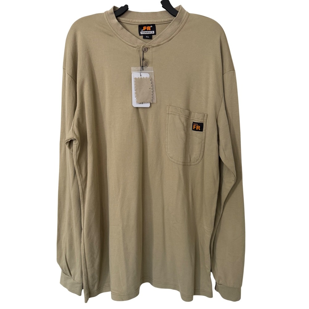 Konreco FR Fire Resistant Henley Shirt Mens XL Tan Long Sleeve CAT 2 Workwear